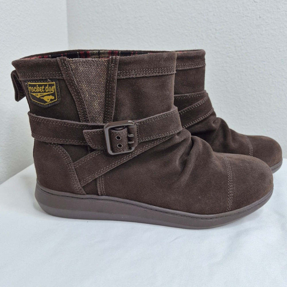 Rocket Dog Brown Suede Slouch Buckle Ankle Boots Grunge Casual Cozycore Size 10